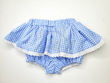 Load image into Gallery viewer, Blue Gingham Skirted Bloomers with eyelet trim