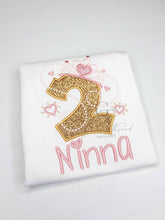 Load image into Gallery viewer, PRINCESS birthday Girl, Gold crow, 2nd birthday, quality Embroidered Shirt, Custom Birthday Shirt, Pink and Gold Birthday Theme, unique,1,3