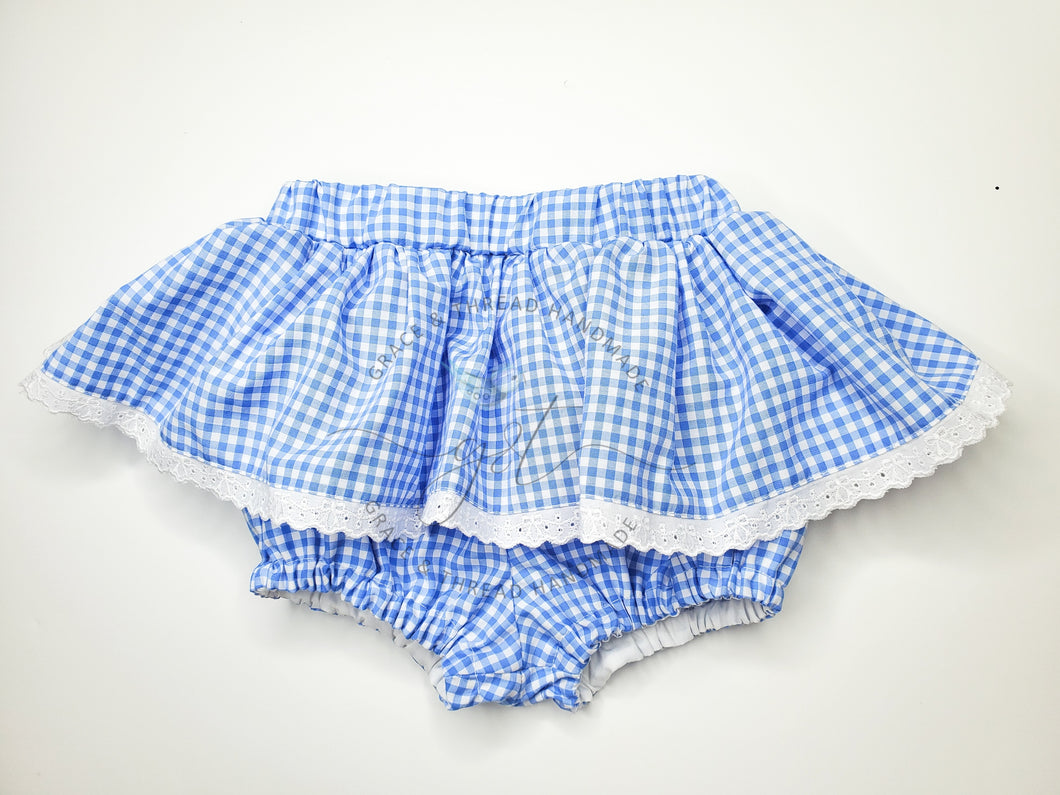 Blue Gingham Skirted Bloomers with eyelet trim