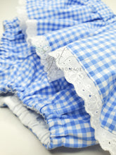 Load image into Gallery viewer, Blue Gingham Skirted Bloomers with eyelet trim
