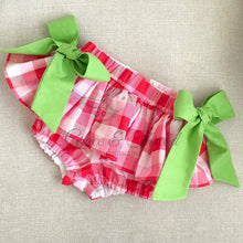 Load image into Gallery viewer, pink and red plaid Skirted bloomers,Green bow,bloomers,birthday outfit,lime green,bummies,girl skirt
