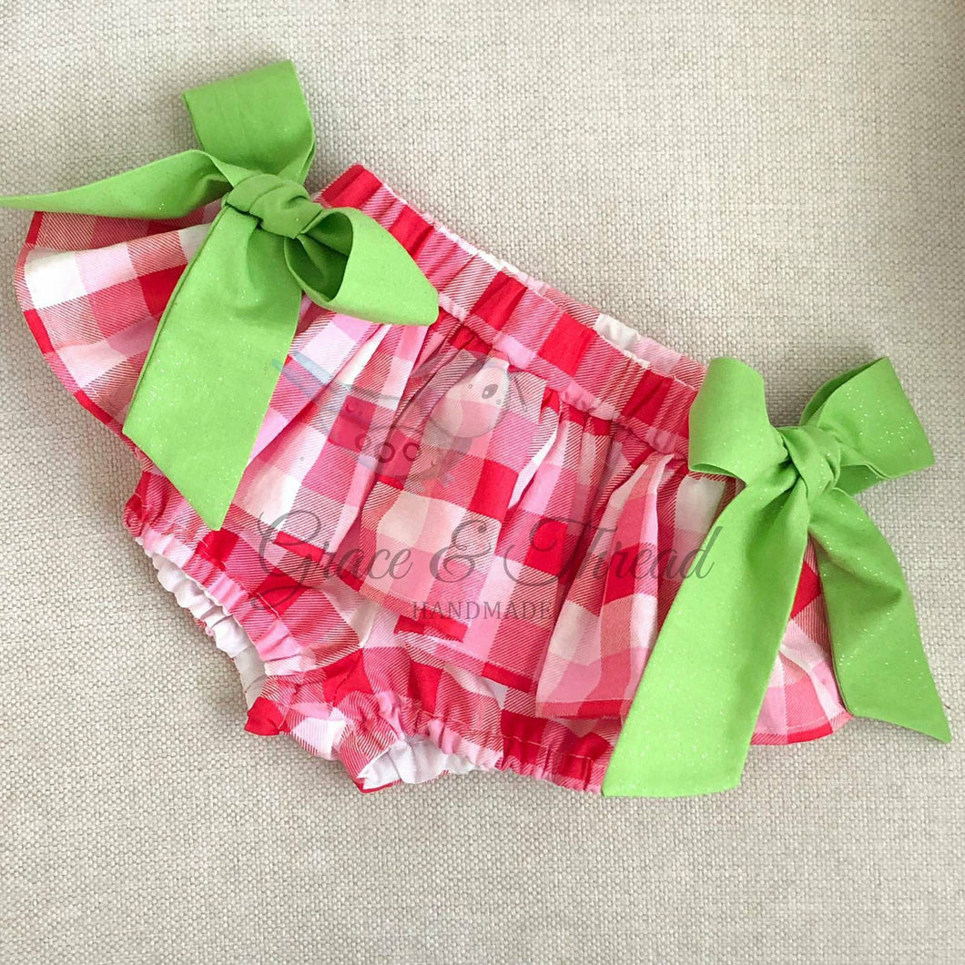 pink and red plaid Skirted bloomers,Green bow,bloomers,birthday outfit,lime green,bummies,girl skirt