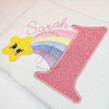 Load image into Gallery viewer, Rainbow Star first Birthday, 1st Birthday star appliqué Shirt,Custom Birthday shirt,Applique Birthday,2,3,4 Star, Puff Sleeve Shirt,custom
