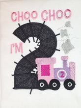 Load image into Gallery viewer, Choo Choo Train birthday shirt, girl birthday, pplique glitter vinyl, Girl train birthday
