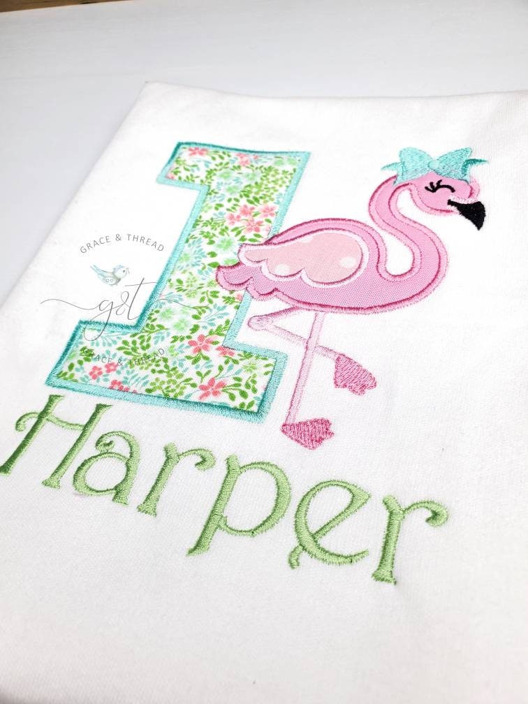 Flamingo 1 Birthday shirt,mini flower 1 birthday Shirt, first birthday,Pink  flamingo applique shirt,custom  birthday applique Shirt,1,2,3,4