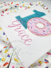 Load image into Gallery viewer, 1 donut Birthday Shirt, Donut grow up theme Birthday, festive donut, Baby girl Birthday applique One DONUT
