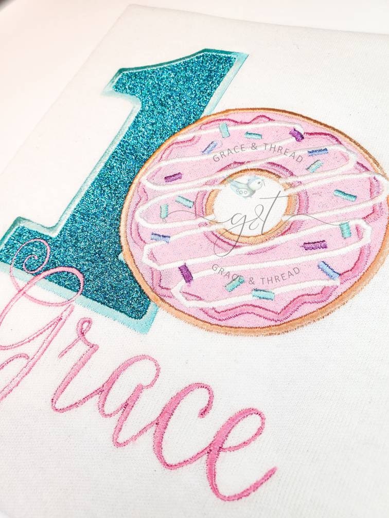 1 donut Birthday Shirt, Donut grow up theme Birthday, festive donut, Baby girl Birthday applique One DONUT