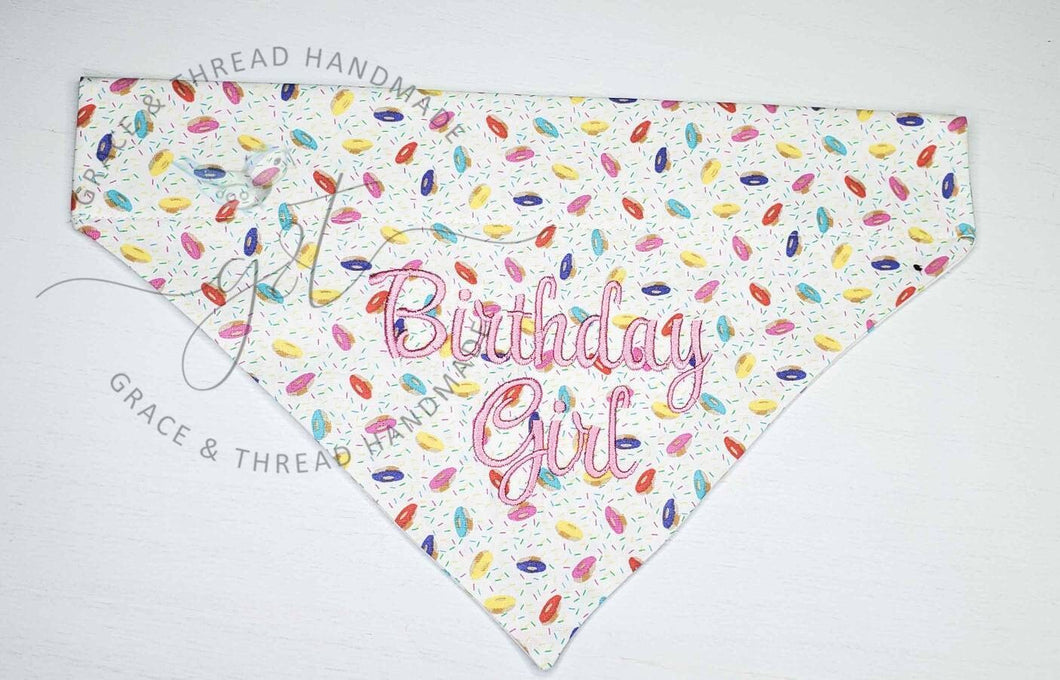 Birthday girl dog, pet bandana,pet bandana,donut bandana, Embroidered, customized per clients request.