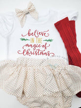 Load image into Gallery viewer, Believe in the magic of Christmas, Christmas bodysuit, red and green, Christmas set, girl Xmas set,2 sets available for Custom order,skirt
