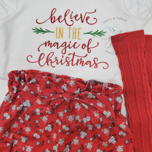 Load image into Gallery viewer, Believe in the magic of Christmas, Christmas bodysuit, red and green, Christmas set, girl Xmas set,2 sets available for Custom order,skirt
