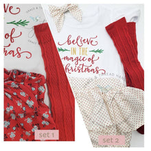 Load image into Gallery viewer, Believe in the magic of Christmas, Christmas bodysuit, red and green, Christmas set, girl Xmas set,2 sets available for Custom order,skirt
