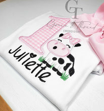 Load image into Gallery viewer, Custom Cow 1st birthday Shirt, farm Theme
