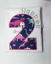 Load image into Gallery viewer, Dino Applique Birthday Shirt, pink and purple dinos, custom Applique, Embroidered custom shirt, Number 2,can do any number, dino girl,pink
