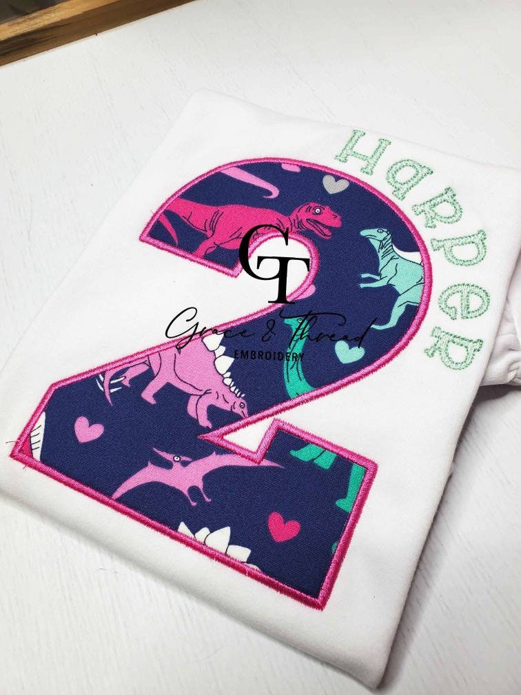 Dino Applique Birthday Shirt, pink and purple dinos, custom Applique, Embroidered custom shirt, Number 2,can do any number, dino girl,pink