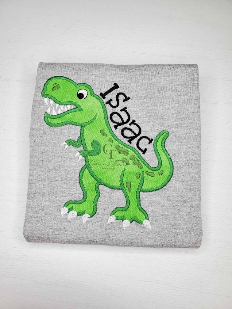 Dinosaur Applique Shirt, Rex custom shirt, we can add number age 1-9 for birthday shirt, boy dino shirt,grey shirt,custom boy applique,green