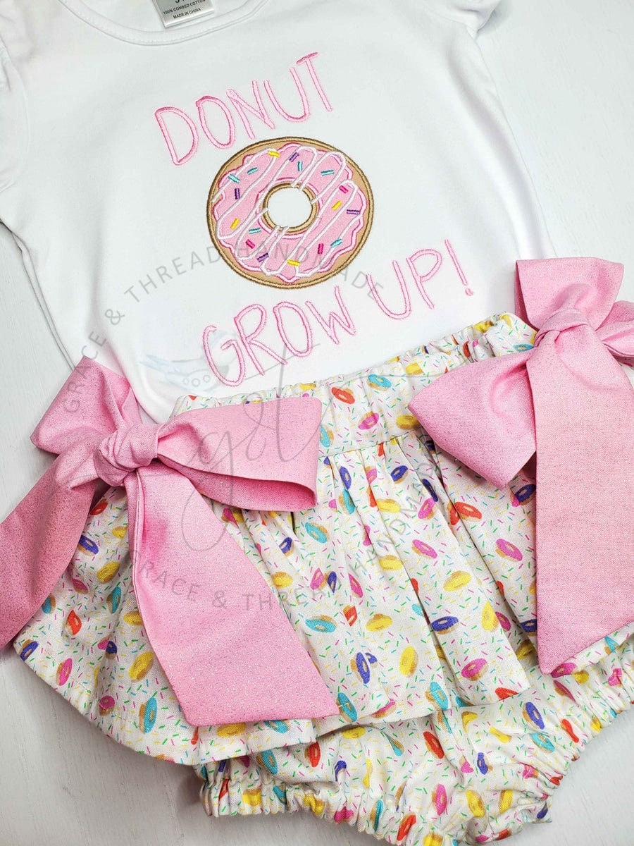 Donut grow up Birthday,Festive Donut, Baby girl Birthday applique, set included Skirted Bloomers, custom made, Grace & Thread unique sets.