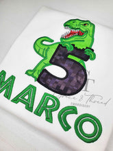 Load image into Gallery viewer, Custom T-rex Applique Birthday Shirt

