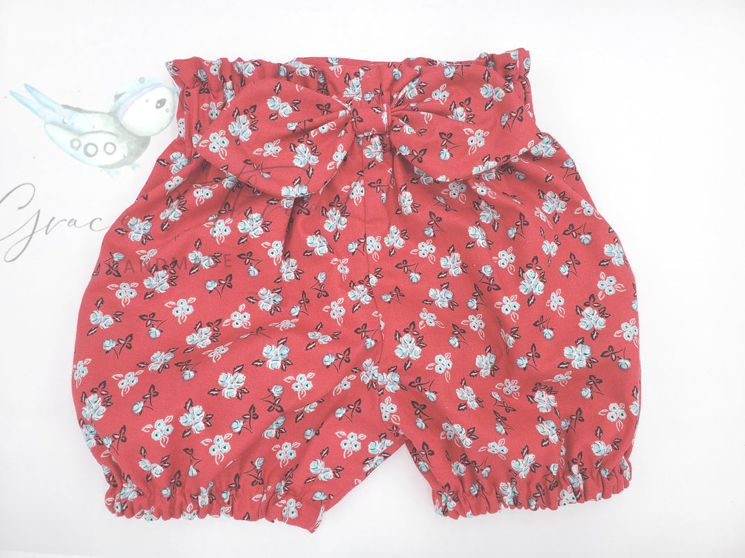 Blue Flowers on Red,Highwaisted Shorts,Bloomers, winter shorts