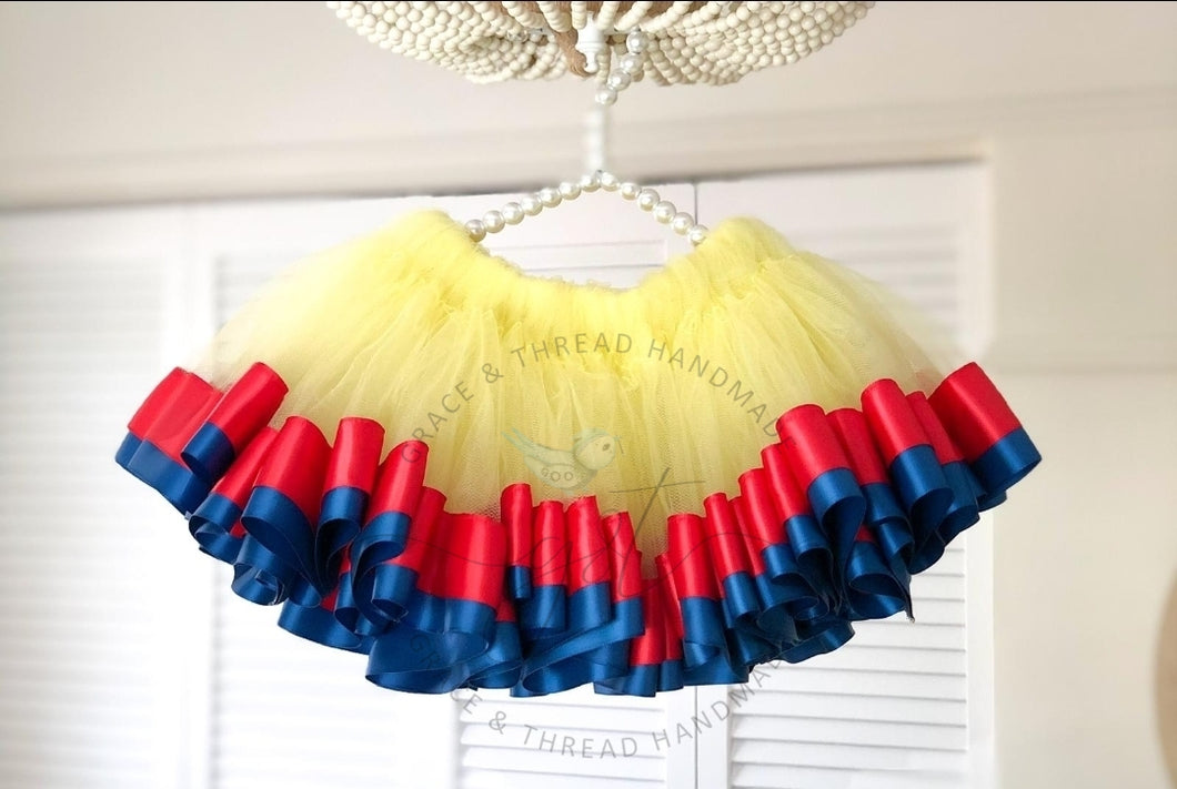 Yellow,Red, Blue Tutu - 2 layer Ribbon trimmed Tutu